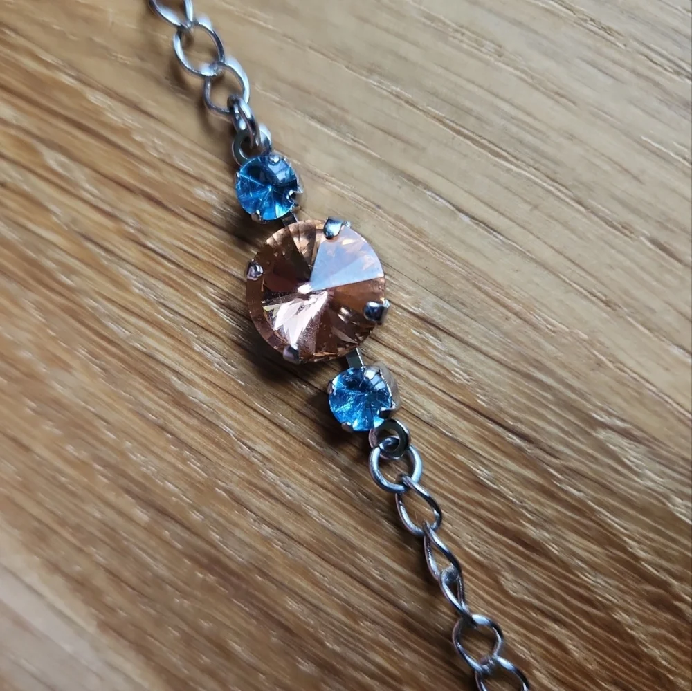 Blue & Orange Crystal Silver Chain Bracelet | Handmade